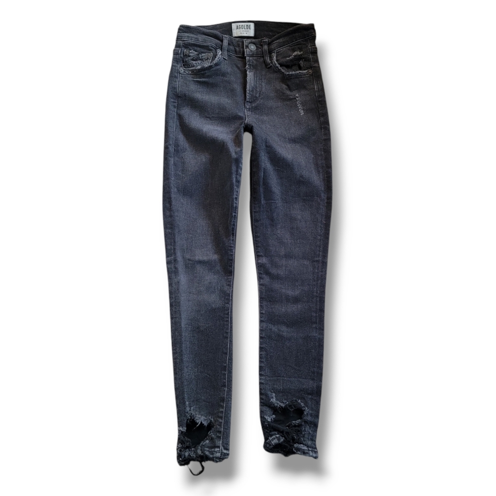 Agolde Black‎ Mid Rise Distressed Stretch Skinny Cropped Jeans Size 24